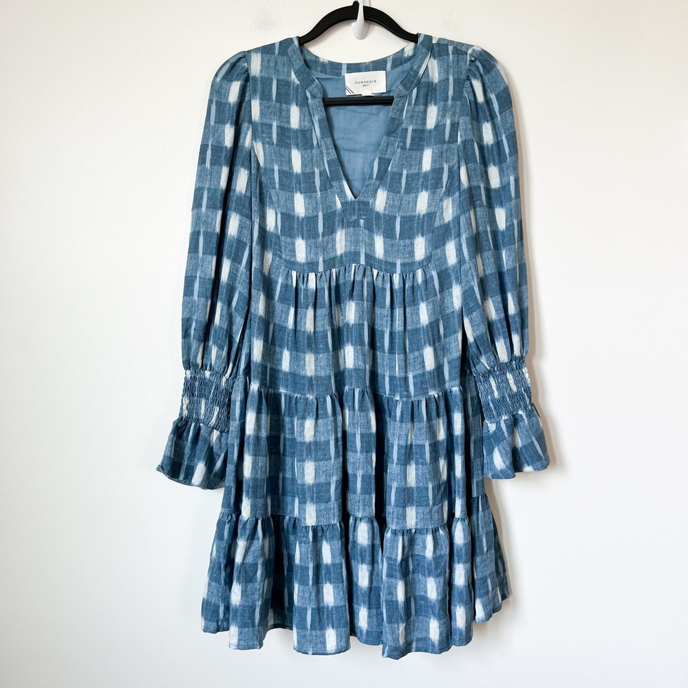 Tuckernuck Pomander Place Blue Ikat Kenzo Dress Small Tiered V-Neck Smocked